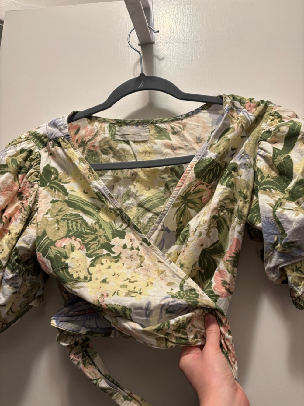Urban Outfitters Floral Wrap Crop Top in Green and Cream